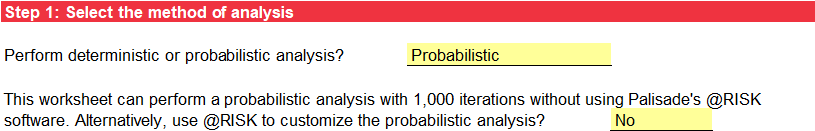Step 1 of BT Case 1 worksheet: Probabilistic analysis without using @RISK.